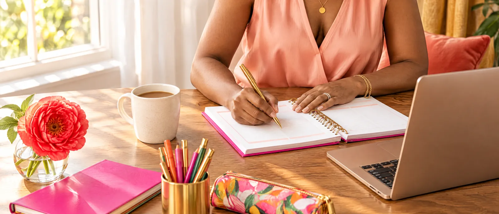 A woman writing in a spiral workbook at a sunny desk beside a laptop, coffee and a small vase of flowers