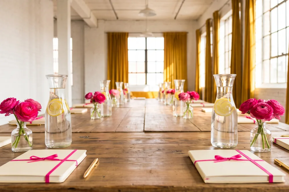 A long loft table set for a workshop, with lemon water, pink ranunculus and cream notebooks tied with pink ribbon