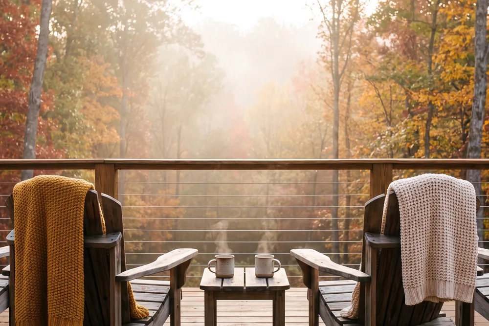 Two Adirondack chairs with throws and steaming mugs on a wooden deck above a misty autumn forest