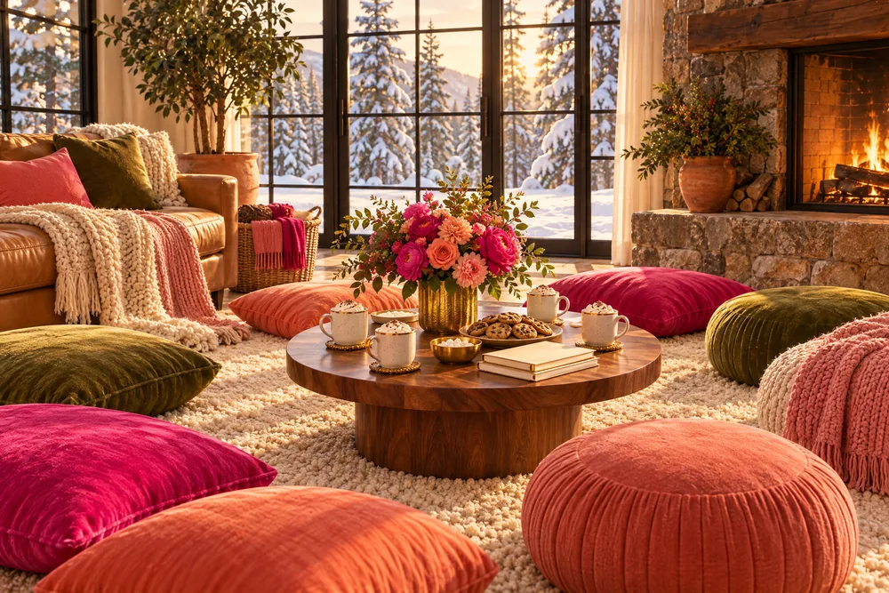 A lodge room set for a winter retreat: pink, coral and olive floor cushions around a low table of hot cocoa and cookies, a fire in a stone fireplace, and snowy pines outside the windows