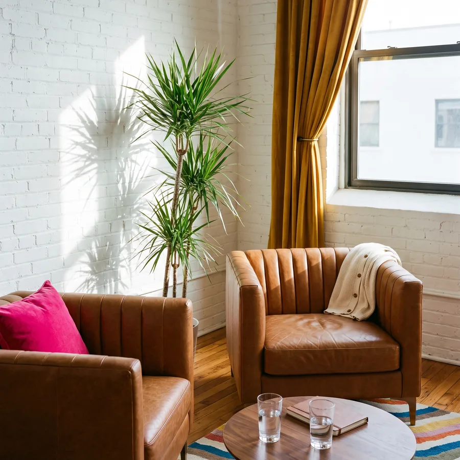 Two leather armchairs facing each other in a sunlit room, a notebook and water on the table between them
