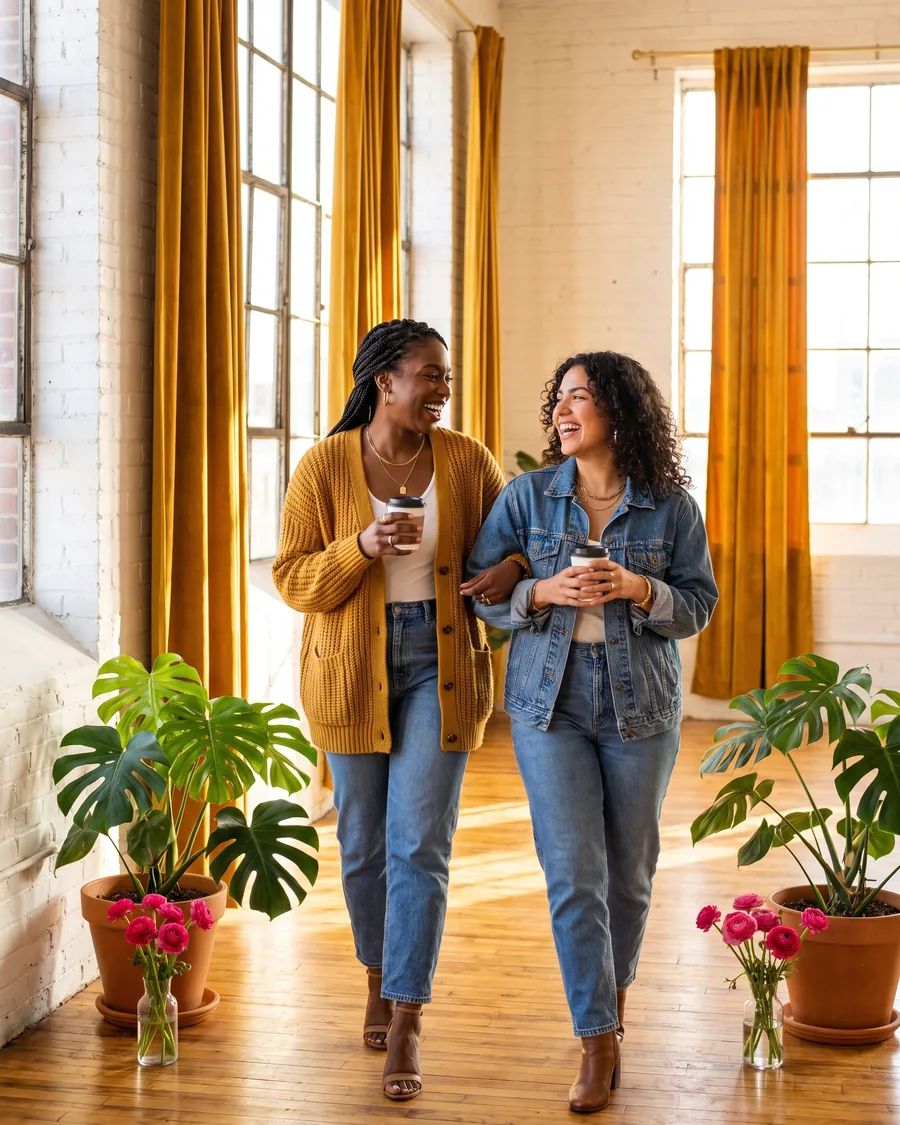 Two women walking and talking with coffee through a sunlit loft