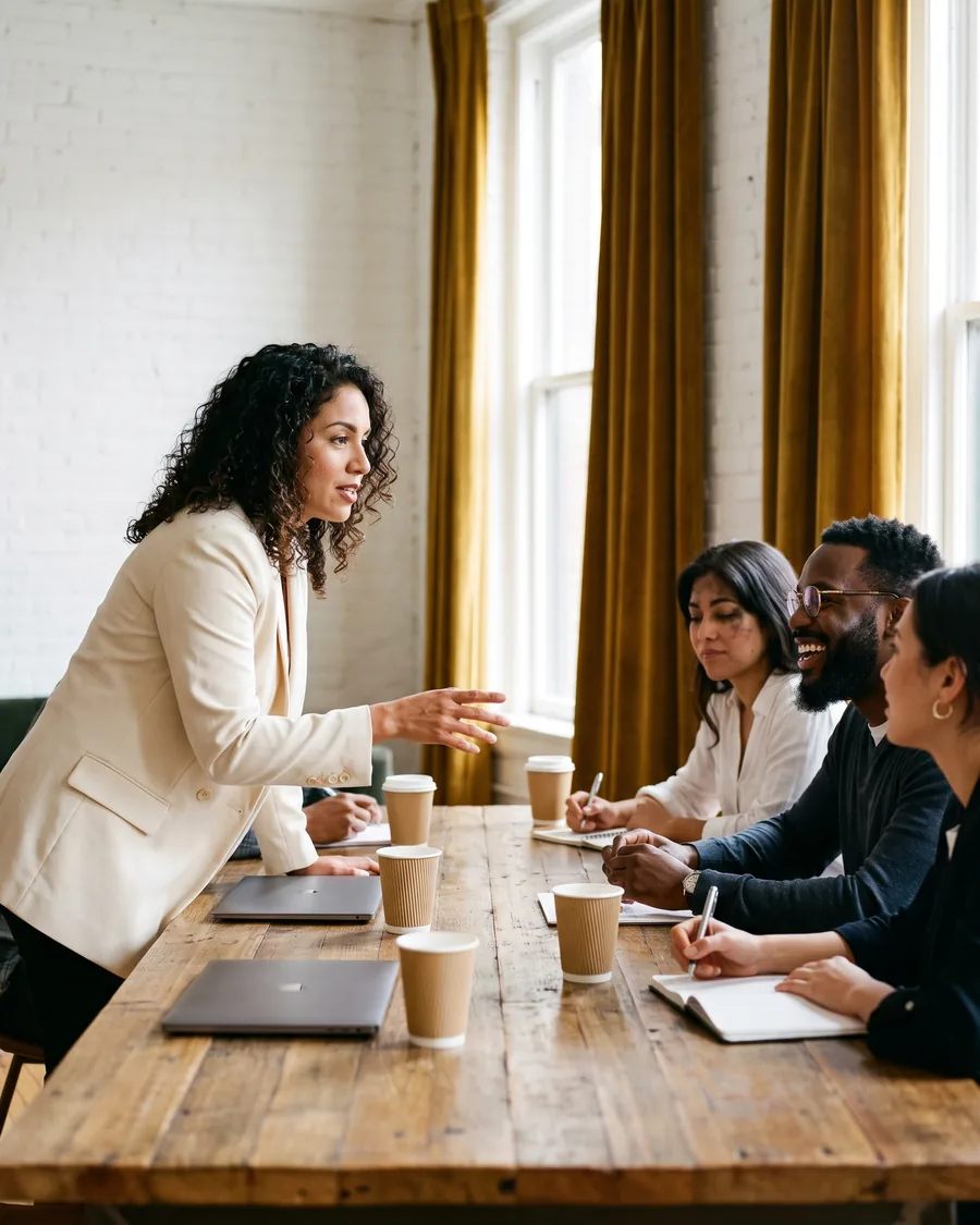 A facilitator in a cream blazer leaning in to guide a team meeting around a long wooden table