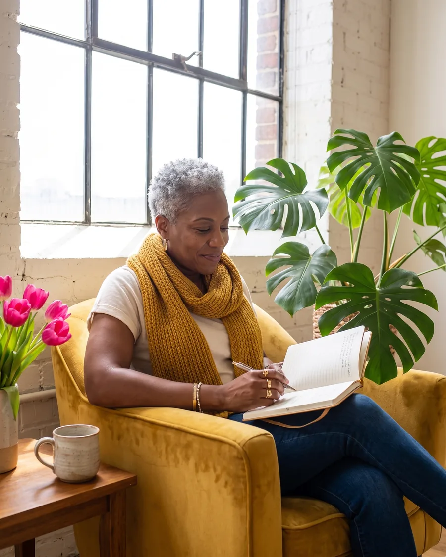 A woman with silver hair writing in a journal in a mustard armchair beside a tall window