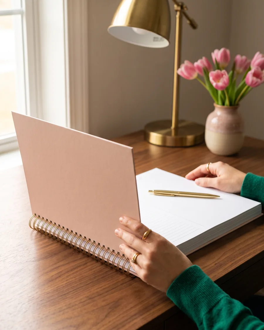 A hand opening a pink planner on a wooden desk beside pink tulips and a brass lamp