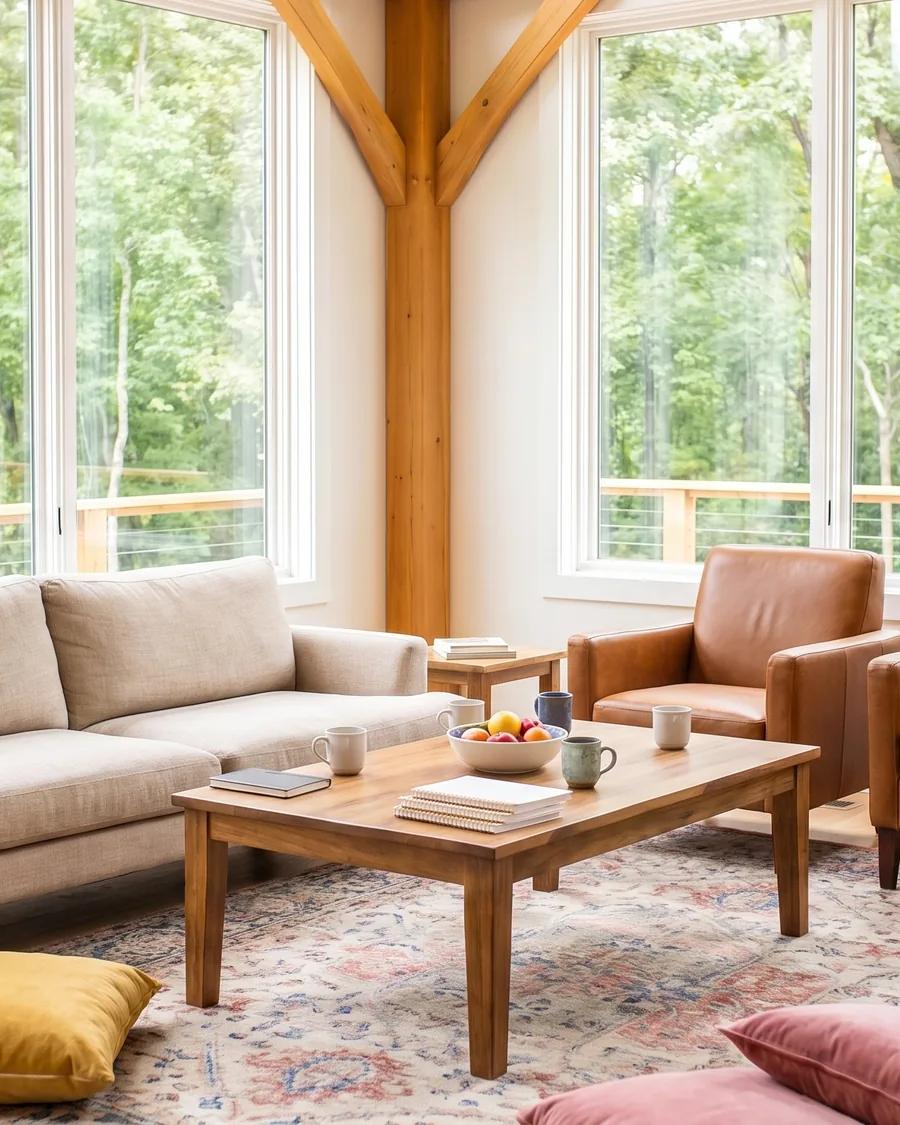 A sunlit lodge room set for a retreat, with sofas, leather armchairs, floor cushions and tall windows onto the trees